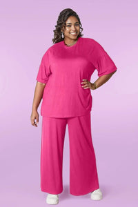 Double Take Full Size Round Neck Slit Top and Pants Set Hot Pink / S Trendsi