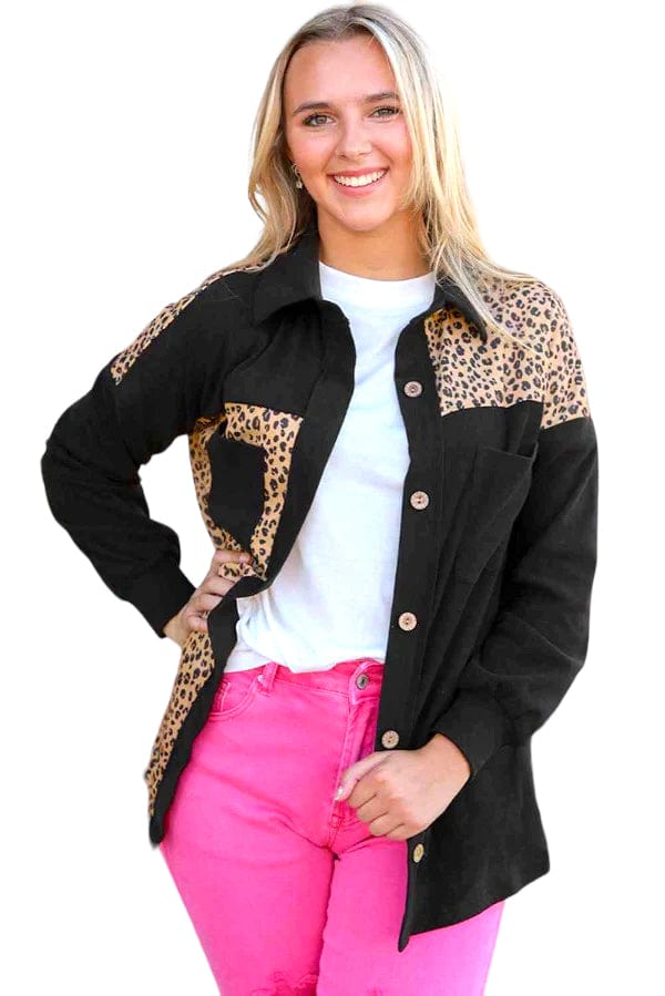 Jacket Animal Print Color Block Button Down Jacket Black / S Trendsi