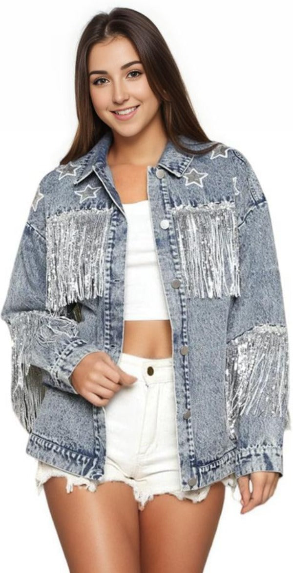 Jacket Sequin Fringe and Star Detail Long Sleeve Denim Jacket Trendsi