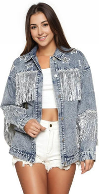 Jacket Sequin Fringe and Star Detail Long Sleeve Denim Jacket Trendsi