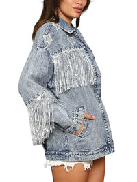 Jacket Sequin Fringe and Star Detail Long Sleeve Denim Jacket Trendsi