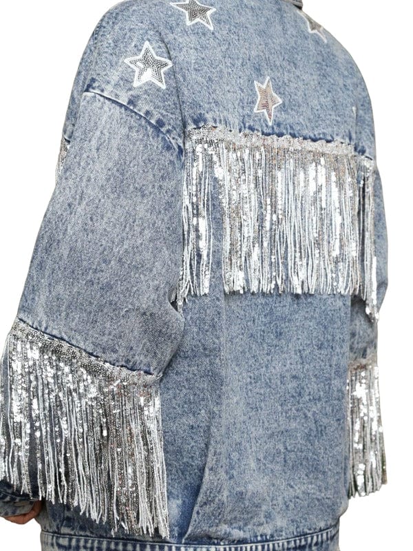 Jacket Sequin Fringe and Star Detail Long Sleeve Denim Jacket Trendsi