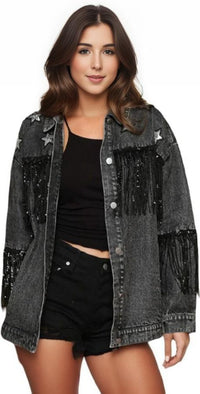 Jacket Sequin Fringe and Star Detail Long Sleeve Denim Jacket Trendsi