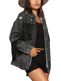 Jacket Sequin Fringe and Star Detail Long Sleeve Denim Jacket Trendsi