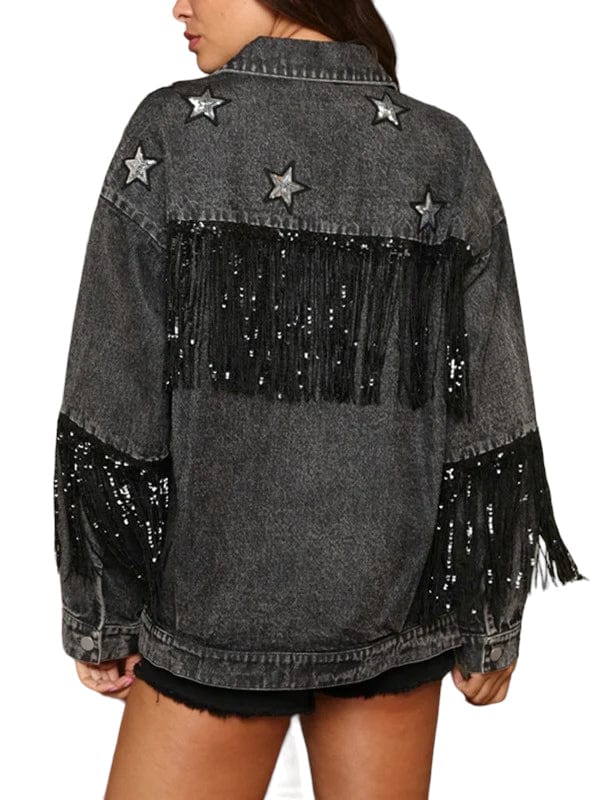 Jacket Sequin Fringe and Star Detail Long Sleeve Denim Jacket Trendsi