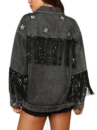 Jacket Sequin Fringe and Star Detail Long Sleeve Denim Jacket Trendsi