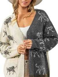 Jackets Animal Print Open Front Cardigan with Pockets Trendsi