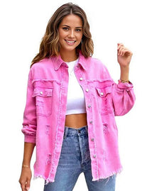 Jackets Distressed Drop Shoulder Denim Jacket Hot Pink/ Trendsi