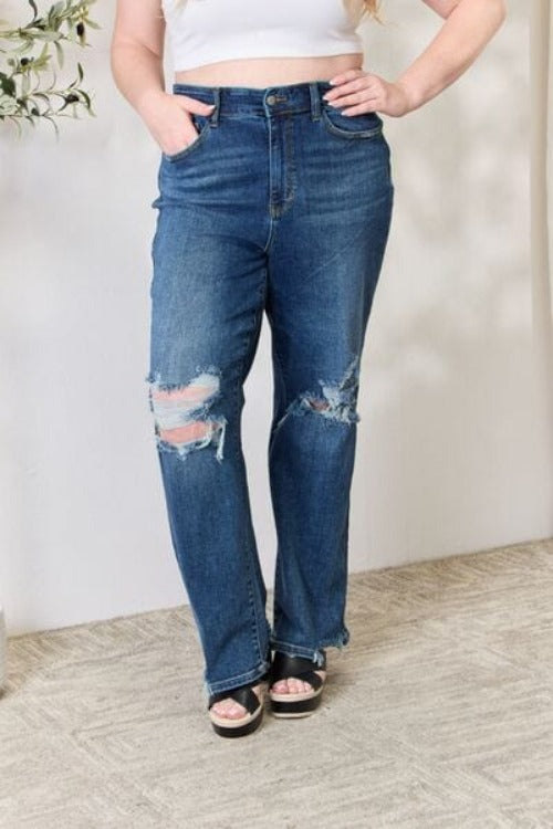Jeans Judy Blue High Waist 90's Distressed Straight Jeans Dark / 0(24) Trendsi