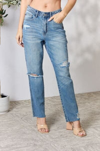 Jeans Judy Blue Distressed Raw Hem Straight Jeans Medium / 0(24) Trendsi