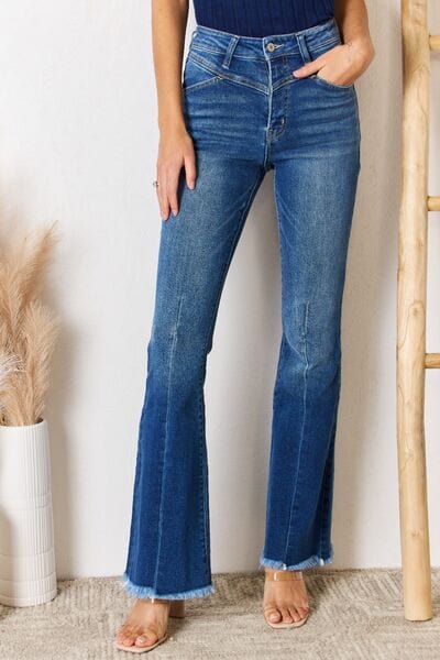 Jeans Kancan High Rise Raw Hem Flare Jeans Medium / 1(24) Trendsi