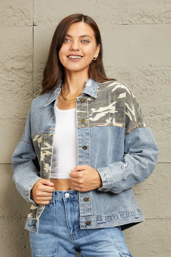 GeeGee Full Size Washed Denim Camo Contrast Jacket Light / S Trendsi