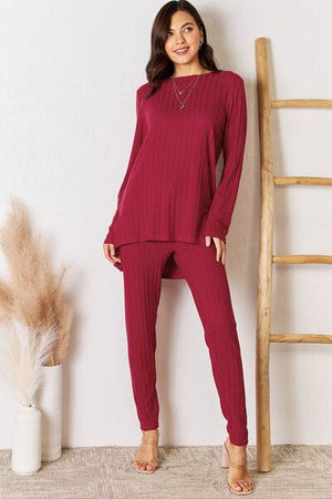 Lounge sets Basic Bae Ribbed Round Neck High-Low Lounge Set Deep Red / S Trendsi