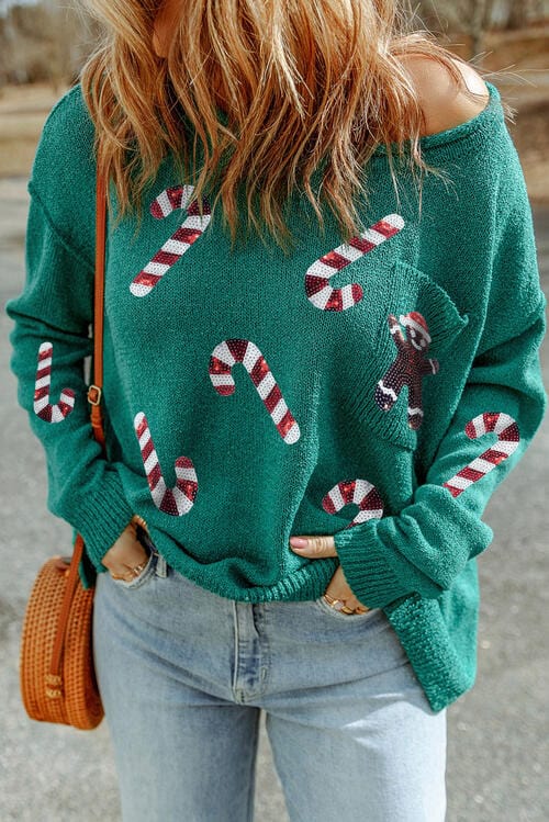 Sequin Candy Long Sleeve Sweater Mid Green / S Trendsi