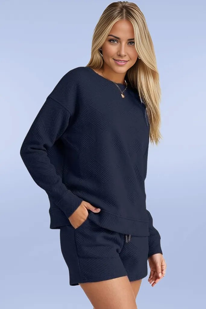 Double Take Full Size Texture Long Sleeve Top and Drawstring Shorts Set Navy / S Trendsi