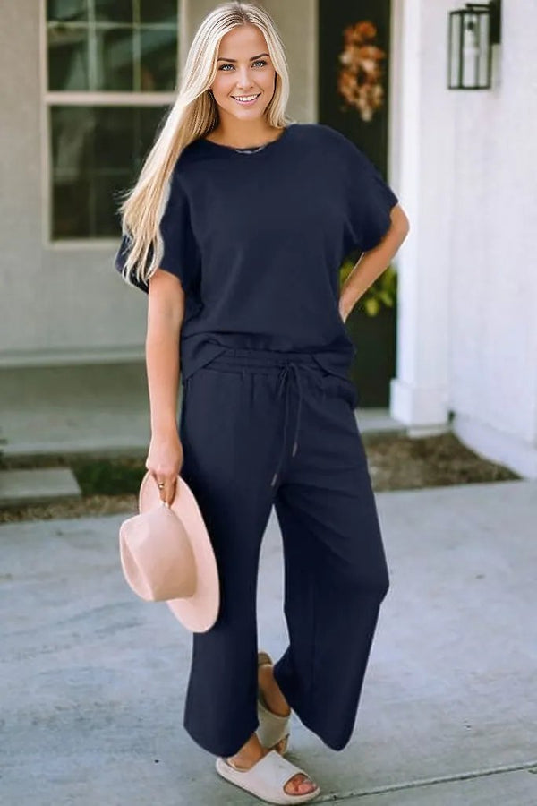 Double Take Full Size Texture Short Sleeve Top and Pants Set Navy / S Trendsi
