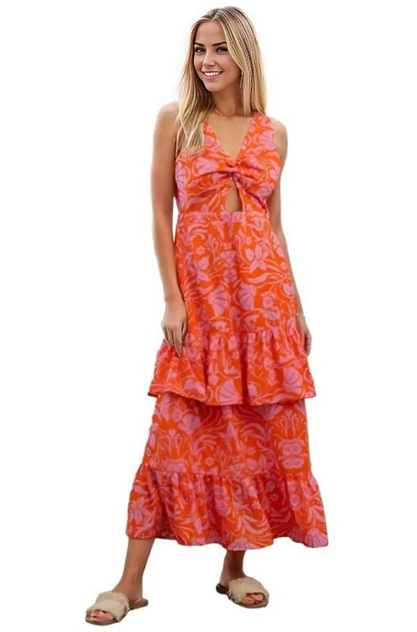 Sew In Love Full Size Floral Ruffled Maxi Sleeveless Dress Orange/Violet / S Trendsi