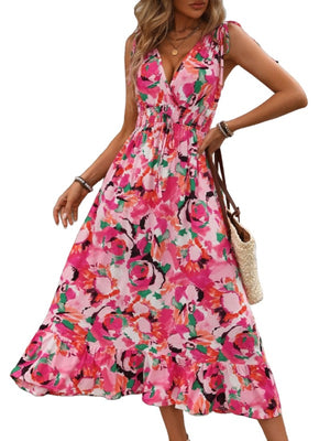 Ruffled Smocked Printed Sleeveless Dress Pink / S Trendsi