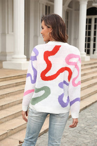 Printed Round Neck Dropped Shoulder Pullover Sweater Trendsi