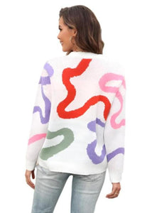 Printed Round Neck Dropped Shoulder Pullover Sweater Trendsi