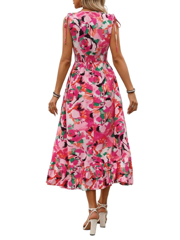 Ruffled Smocked Printed Sleeveless Dress Trendsi