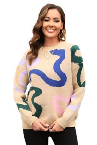 Printed Round Neck Dropped Shoulder Pullover Sweater Sand / S Trendsi