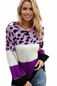 Sweater Animal Print Color Block Sweater Trendsi