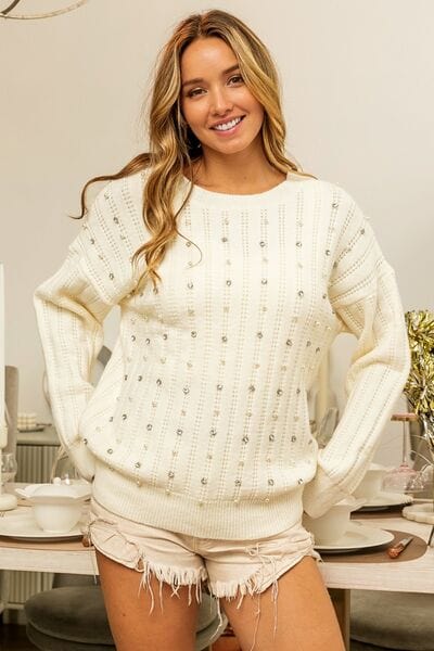 Sweater BiBi Pearl & Rhinestone Sweater in Ivory Trendsi