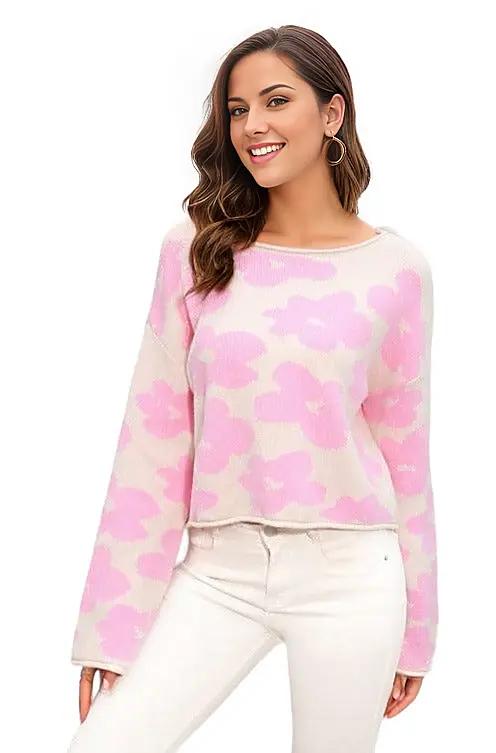 Sweater Round Neck Flower Pattern Dropped Shoulder Pullover Sweater Blush Pink / S Trendsi