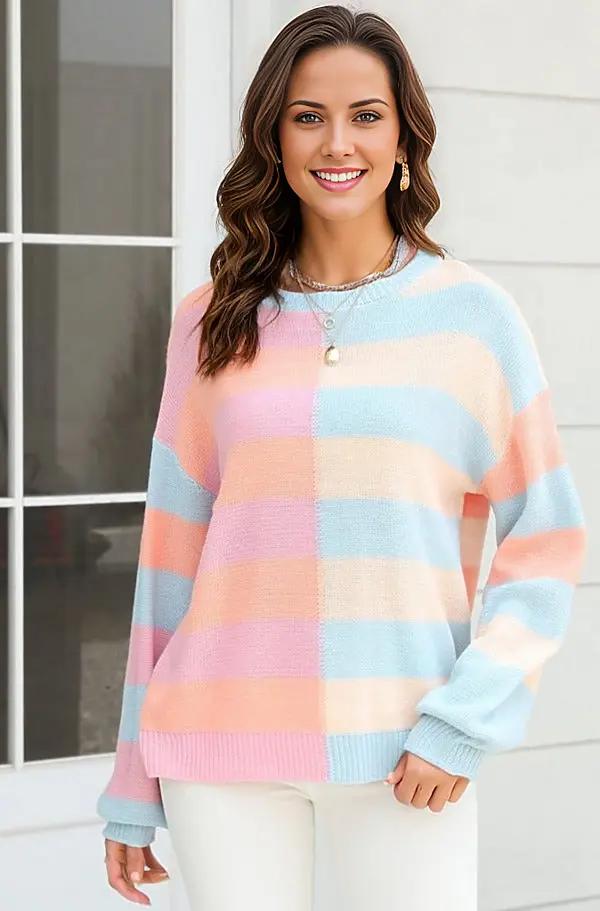 Round Neck Long Sleeve Color Block Dropped Shoulder Pullover Sweater Blush Pink / S Trendsi