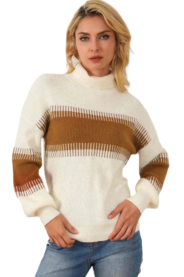 Sweater Contrast Turtleneck Long Sleeve Sweater Trendsi