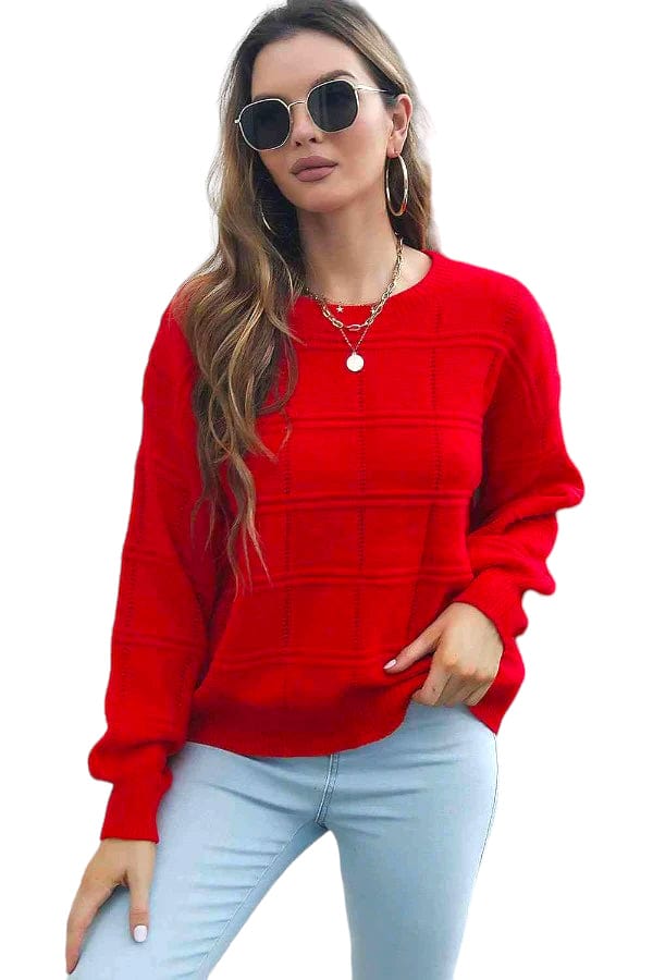 Sweater Squared Round Neck Long Sleeve Sweater Deep Red / S Trendsi