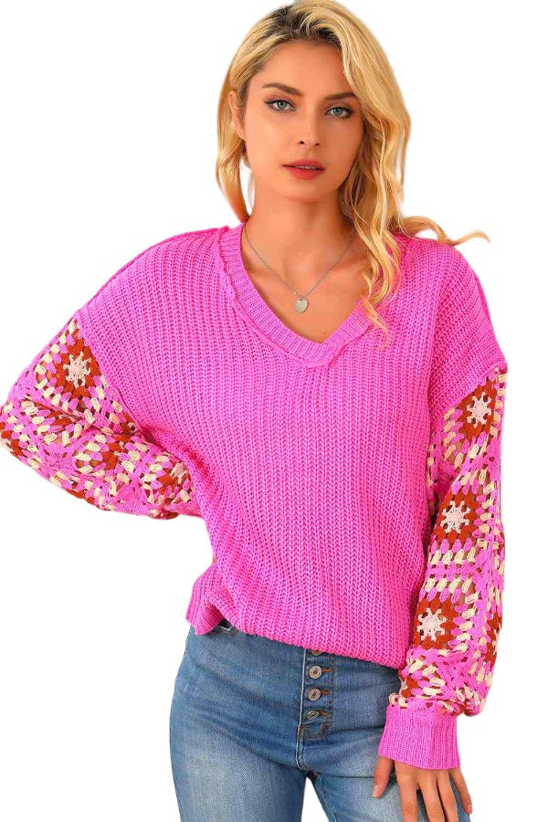 Sweater Exposed Seam V-Neck Drop Shoulder Sweater Hot Pink / S Trendsi