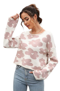 Sweater Round Neck Flower Pattern Dropped Shoulder Pullover Sweater Khaki / S Trendsi