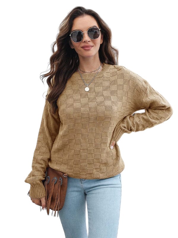 Sweater Square Weave Round Neck Dropped Shoulder Sweater Khaki / S Trendsi