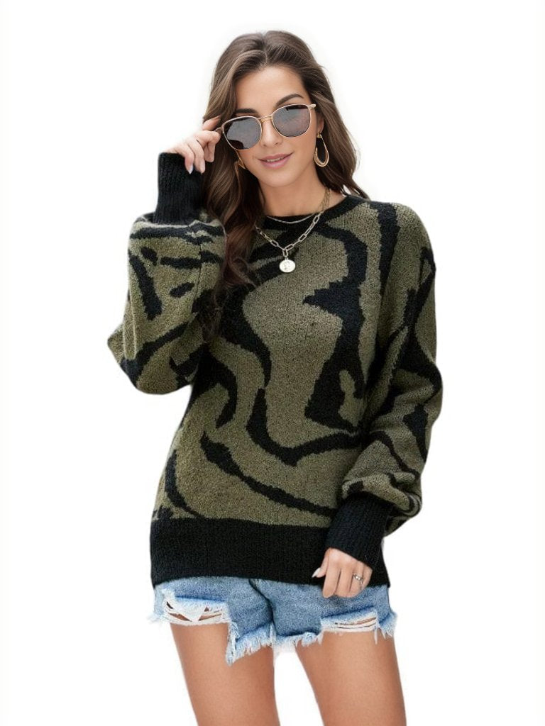 Sweater Printed Round Neck Long Sleeve Sweater Trendsi