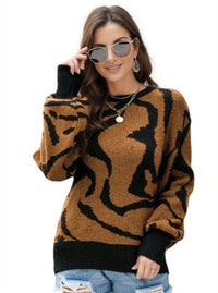 Sweater Printed Round Neck Long Sleeve Sweater Trendsi