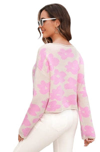 Sweater Round Neck Flower Pattern Dropped Shoulder Pullover Sweater Trendsi