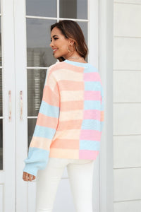 Round Neck Long Sleeve Color Block Dropped Shoulder Pullover Sweater Trendsi