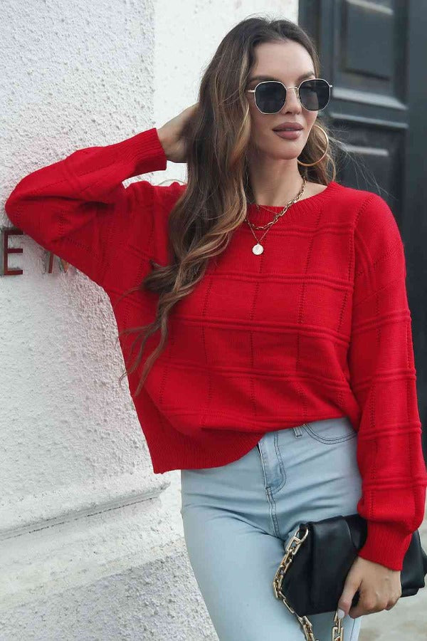 Sweater Squared Round Neck Long Sleeve Sweater Trendsi