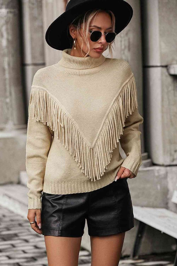 sweaters Turtle Neck Tassel Sweater Beige / S Trendsi
