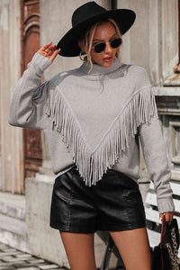 sweaters Turtle Neck Tassel Front Long Sleeve Pullover Sweater Light Gray / S Trendsi