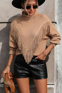 sweaters Turtle Neck Tassel Sweater Tan / S Trendsi