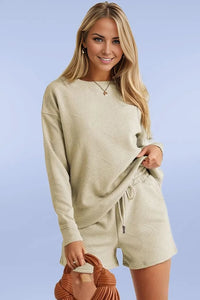 Double Take Full Size Texture Long Sleeve Top and Drawstring Shorts Set Tan / S Trendsi