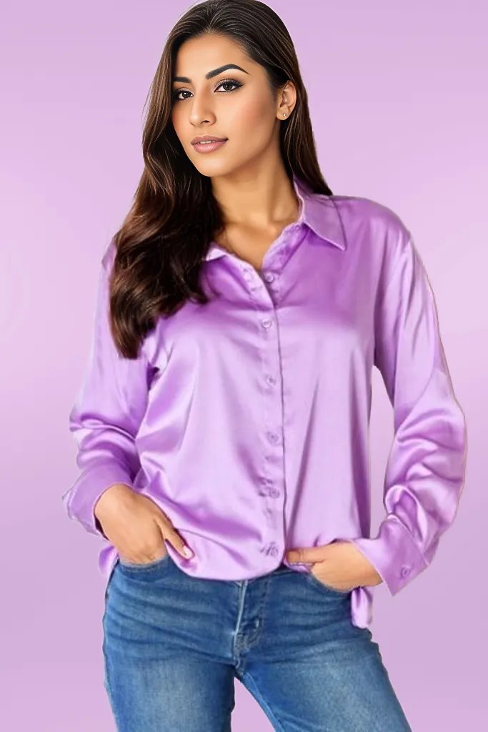 Top Zenana Satin Button Down Long Sleeve Shirt B Lavender / S Trendsi