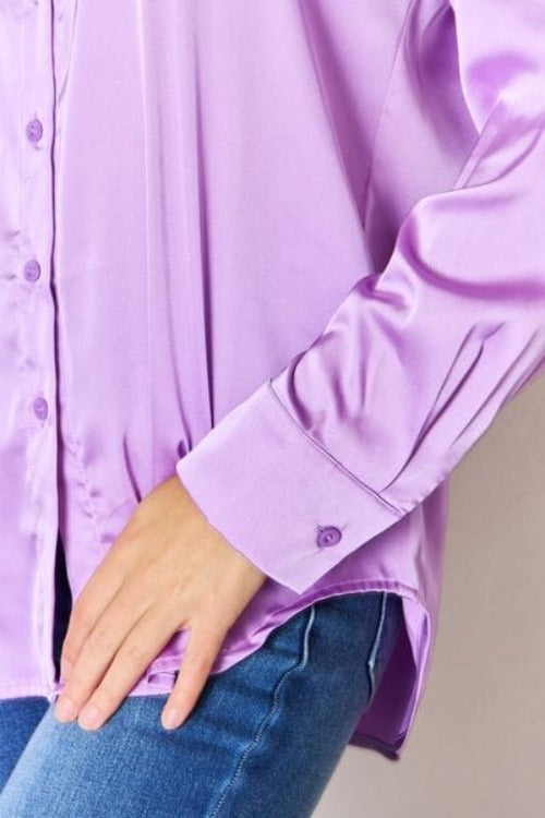Top Zenana Satin Button Down Long Sleeve Shirt Trendsi