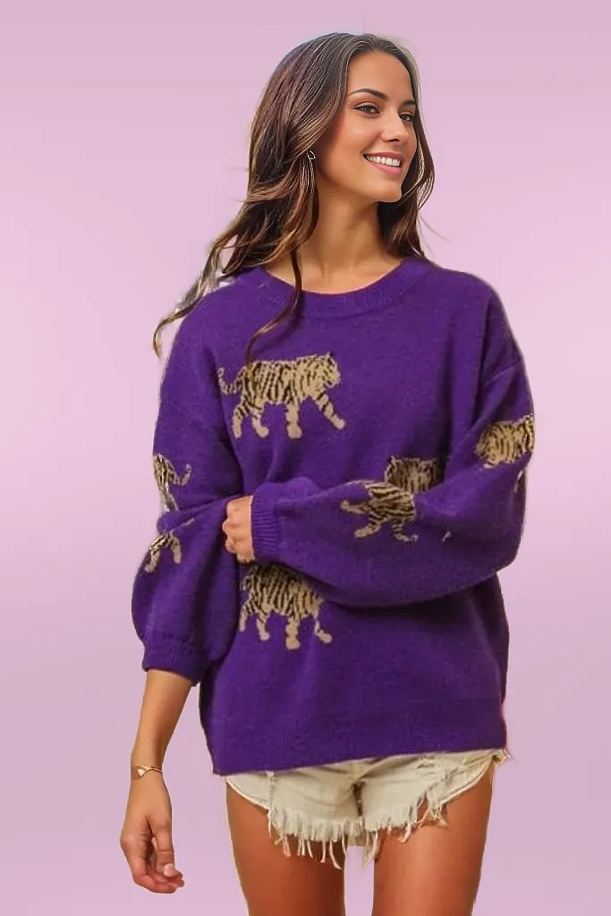tops BiBi Tiger Pattern Long Sleeve Sweater Trendsi