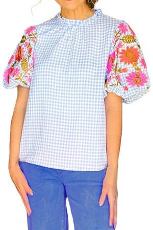 Tops Embroidered Plaid Round Neck Short Sleeve Blouse Trendsi
