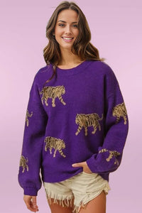 tops BiBi Tiger Pattern Long Sleeve Sweater VIOLET / S Trendsi