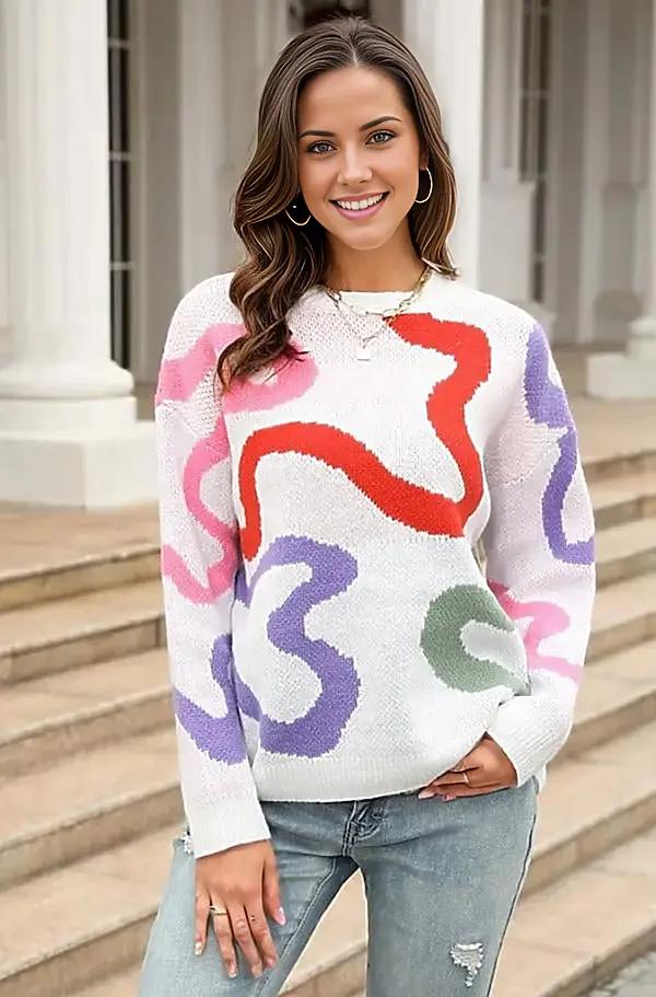 Printed Round Neck Dropped Shoulder Pullover Sweater White / S Trendsi